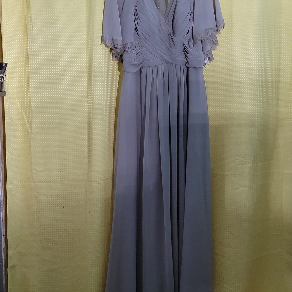 Azazie Gray Maxi Dress with Lace Sleeves